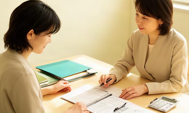 明るい相談室で家計簿と返済計画を見ながら話す相談者と家計アドバイザー